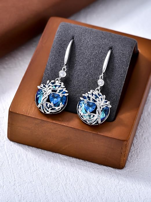 TOUPOP Tree of Life Birthstone Earrings for Women 925 Sterling Silver Family Tree Dangle Earrings Austrian Crystal Jewelry Birthday Christmas Gifts for Her Girlfriend Wife Mom