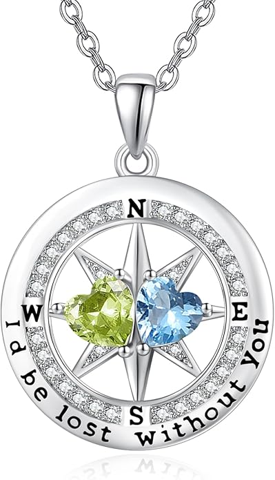 Compass Birthstones Necklace for Women, Exquisite Anniversary Birthday Gifts for Wife Her Double Birthstone Pendant jewelry ‘I'd be Lost Without You’