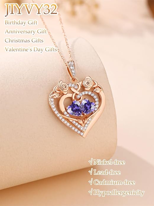 JIYVY32 Rose Heart Necklace for Women Exquisite 925 Sterling Silver Anniversary Birthday Gifts for Wife Mom Her Double Birthstone Pendant Jewelry