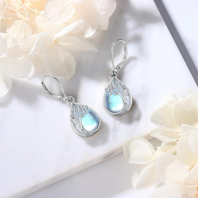Tree of life Dangle Earrings Sterling Silver Moonstone/Turquoise/Malachite Earrings for Women Filigree Leverback Earrings Jewelry Gifts