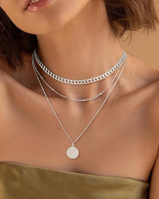 Layered Gold Silver Necklace for Women Non Tarnish,Dainty Choker Statement Chunky Necklace Stack Charm Pendant Chain Necklace Set 14K Gold Plated Long Stacked Womens Necklaces Trendy Jewelry Gift