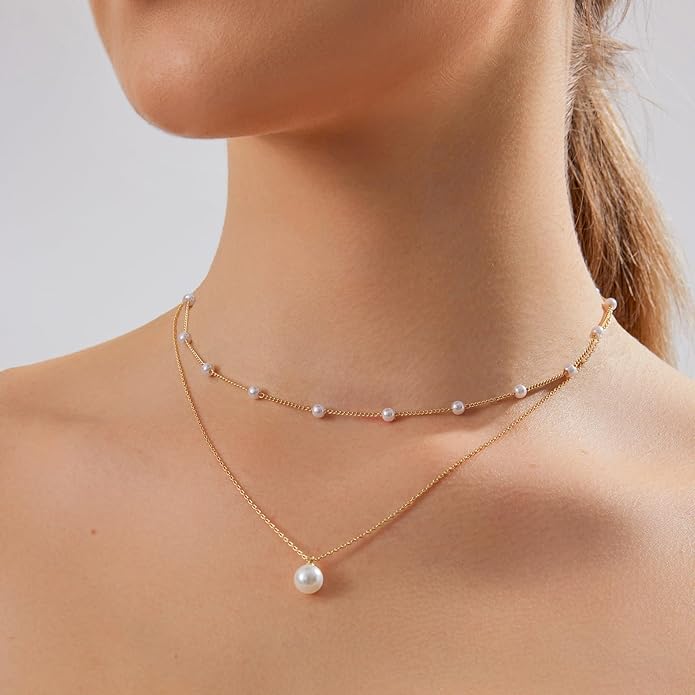 Gold Jewelry Set for Women - Dainty 14K Gold/Silver Plated Pearl Choker Necklace, Drop Earrings & Bracelets - Wedding Trendy Pearl Jewelry Gift