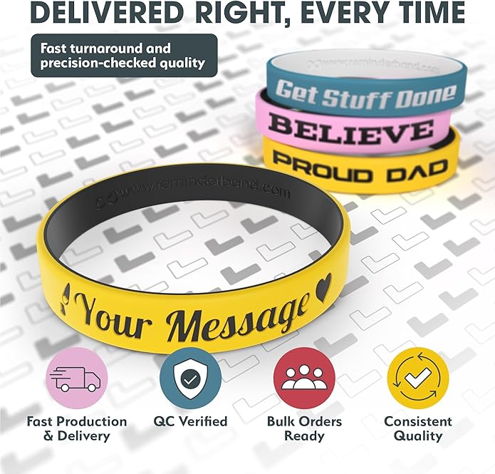Reminderband Custom 100% Silicone Luxe Wristbands – Personalized Motivational Bracelets, Bulk Rubber Bands for Events, Fundraisers, Awareness, Gifts - Hypoallergenic Bands