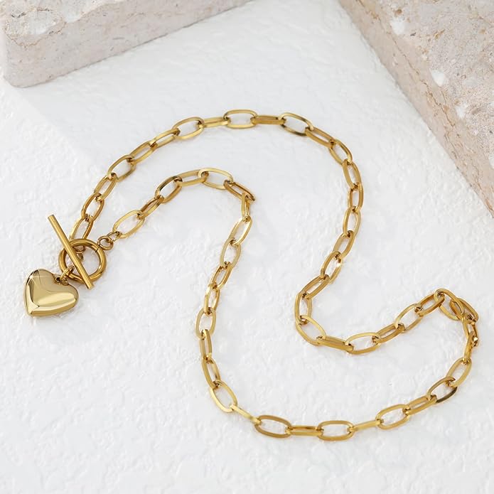 Chunky Gold Necklace for Women, 18K Waterproof Heart Necklace Statement Necklace Gold Charm Necklace Chunky Jewelry Paperclip Chain Choker Gift for Women