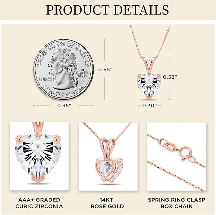 Everyday Elegance Solid 14K Gold Cubic Zirconia Solitaire Pendant Necklace for Women Heart, Princess, Round, Oval, Emerald, Pear & Cushion Cut 1 or 2 CTW | .60mm Thick 16" 18" Length Box Link Chain