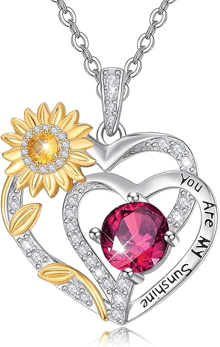 Zeuslia Double Birthstone Necklace Gifts for Wife - 925 Sterling Silver Sunflower/Rose/Crown Cross/Compass/Heart Pendant I Love You Necklace, Anniversary Birthday Gifts for Wife Girlfriend Mom Her