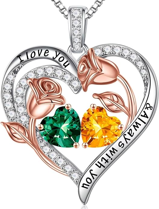 Iefil Birthstone Necklace for Women - 925 Sterling Silver Rose Heart Birthstone Necklace Birthday Anniversary Jewelry Gifts for Her Wife Mom Daughter