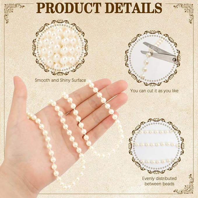 Najdeiuyt Ivory ABS Plastic 6mm Classic Wedding Multi-purpose Pearl Beads Garland, 82FT Faux Pearl Strand Roll for DIY Craft Christmas Tree Wedding Party Supplies Flowers Decoration