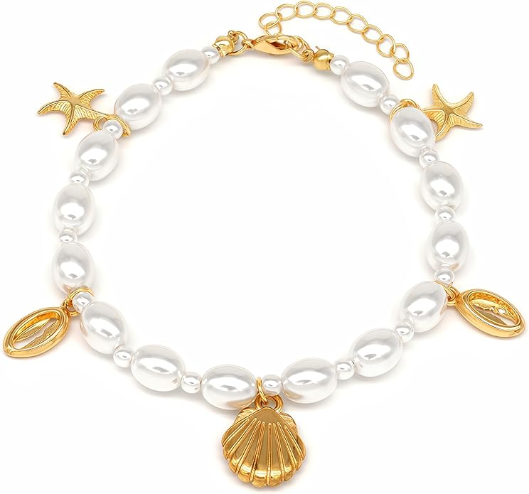 Shell Ankle Bracelet Set for Women, Gold Plated Boho Bead Adjustable Anklet, Hawaiian Beach Seashell Pearl Heart Starfish Conch Foot Jewelry Gifts