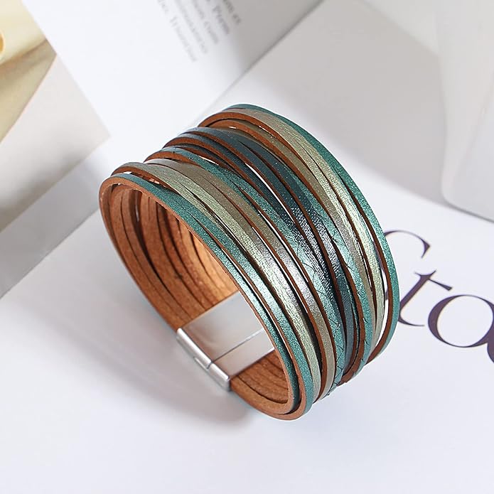 hotoo Handmade Layered Leather Bracelets Wrap for Women Stackable Chunky Colored Men Cuff Bracelet Wristband Bangle Gifts