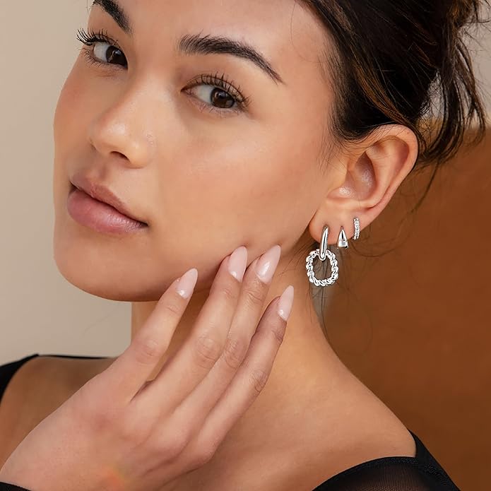 3 Pairs Earrings Set for Multiple Piercings, Gold Plated Studs Hoop Earrings Stack, CZ Dangle Earrings Set, Hypoallergenic for Sensitive Ears, Women's Gift
