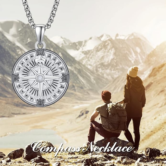 KINGWHYTE Compass Necklace for Men 925 Sterling Silver Birthday Gifts Graduation Travel Jewelry for Husband Brother with Stainless Steel Chain