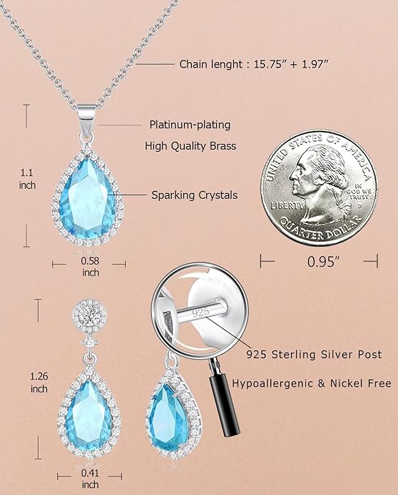 REASAYLL Jewelry Sets For Women 925 Sterling Silver Post Teardrop Dangle Stud Earrings Necklace Set Crystal Rhinestone Wedding Prom Costume Jewelry for Women