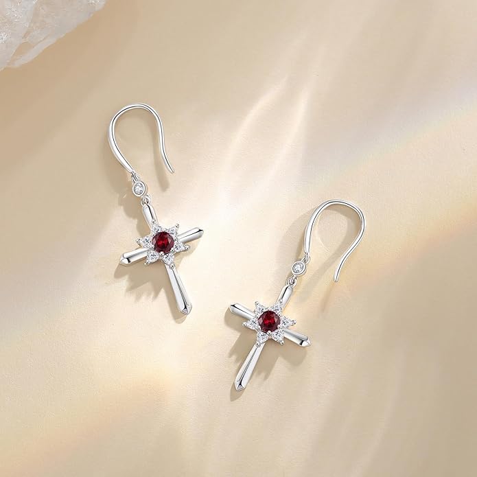 FANCIME Cross Dangle Drop Earrings 925 Sterling Silver Dainty Round Birthstone Earring Fine Jewelry Birthday Gifts for Her Women