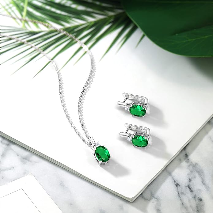 Gemstone Birthstone and White Created Sapphire Pendant and Earrings Jewelry Set for Women in 925 Sterling Silver | Oval 8X6MM and Round 2.5MM | With 18 Inch Chain | Fine Jewelry for Her Mom Women Wife