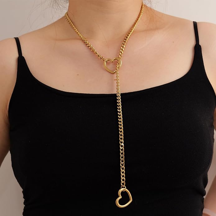 Heart Slip Chain Necklaces for Women,Stainless Steel O-Ring Adjustable Lariat Y-Necklace,Punk Gothic Cuban Collar Choker Necklace for women