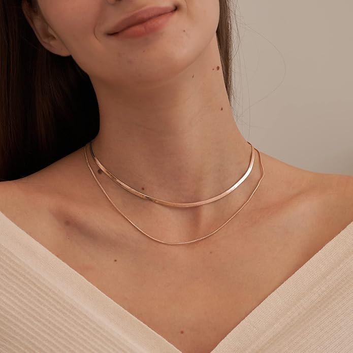 CHESKY 14K Gold/Silver Plated Snake Chain Necklace Herringbone Necklace Gold Choker Necklaces for Women Gifts Jewelry 1.5/3/5MM(W) 14"/16"(L)