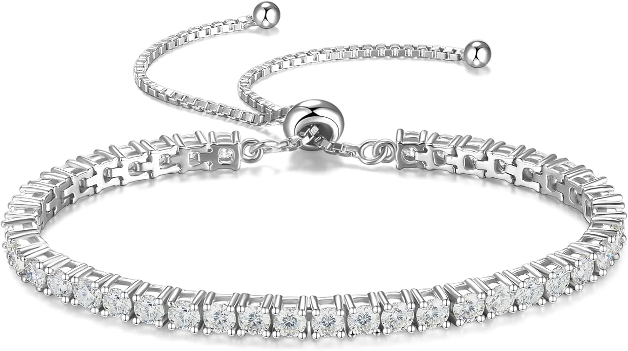 FANCIME Moissanite Tennis Bracelet 1.2ct-12ct Lab Created Moissanite Diamond Bracelets,925 Sterling Silver Adjustable Bolo Tennis Bracelets, 2/3/4/5mm D Color VVS1 Round Cut Moissanite Bracelet for Women