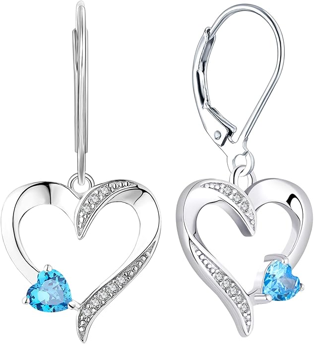 YL Heart Dangle Earrings 925 Sterling Silver Drop Earrings Birthstone Leverback Jewelry for Women