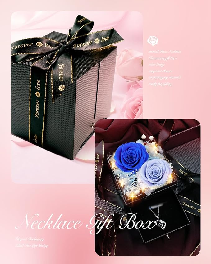 Birthday Gifts for Women, Preserved Real Roses with Heart Necklace I Love You in 100 Languages, Romantic Anniversary Wedding Christmas Gifts for Women Her Girlfriend Wife, 2 Blue Forever Roses Necklace Gift Box