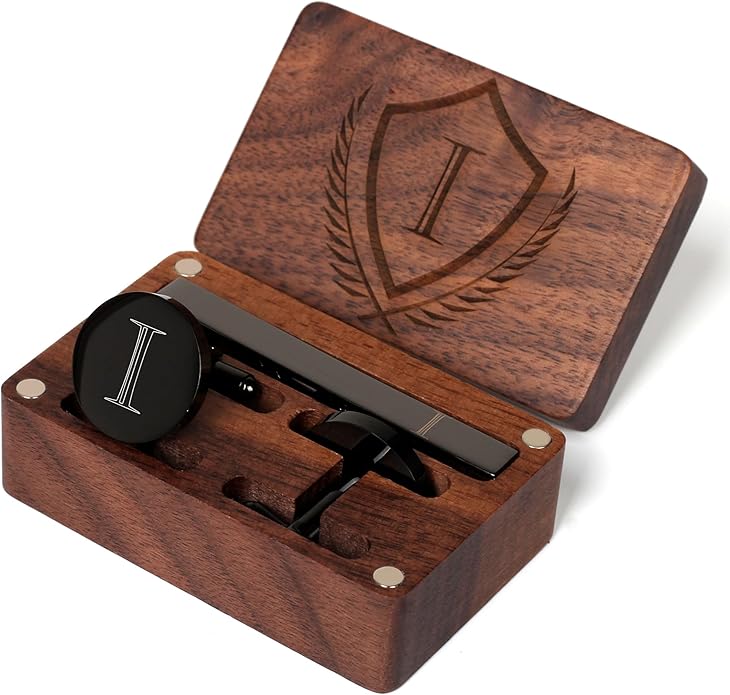 Mens Initial Cufflinks and Tie Clip A-Z Alphabet Letter Black Stainless Cuff Links Tie Bar with Engraved Walnut Wood Box Groom Groomsman Wedding Set