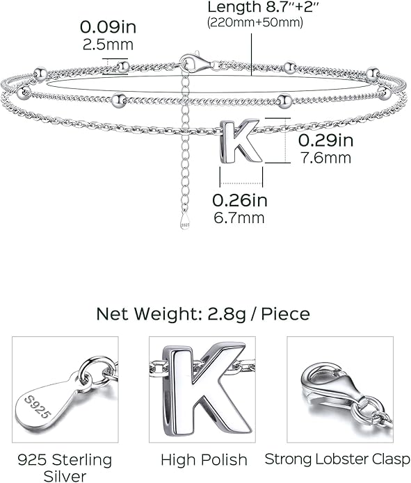 ChicSilver Ankle Bracelets for Women Waterproof, 925 Sterling Silver Initial Anklets for Women, Adjustable Dainty Layered Anklet Beach Jewelry for Women Mom Wife Friend