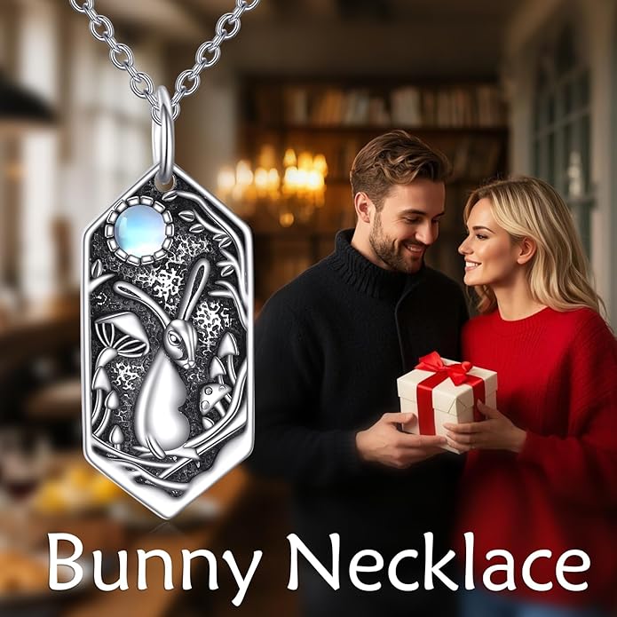 Bunny Necklace for Women 925 Sterling Silver Rabbit Moonstone Pendant Necklaces Vintage Bunny Animal Jewelry Gifts for Women Men Rabbit Lovers