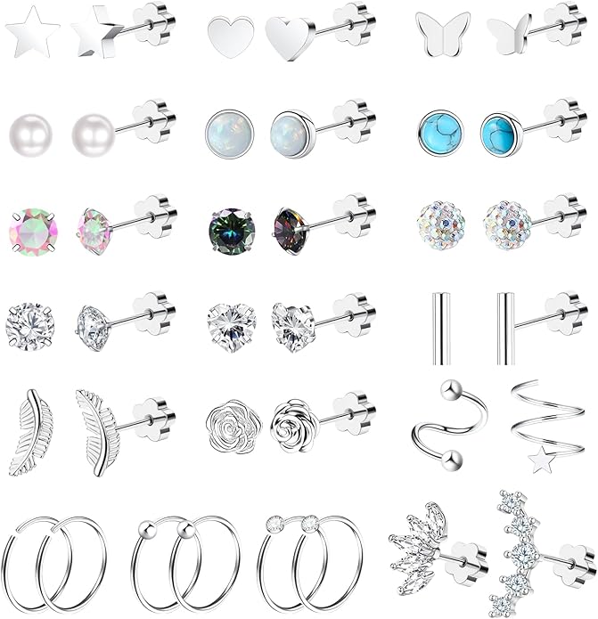 38pcs Silver Flat Back Stud Earrings for Women Hypoallergenic Surgical Steel Stud and hoops Earrings for Sensitive Ears Stacked Tiny Screw Backs Cartilage Tragus Earring Set for Multiple Piercing