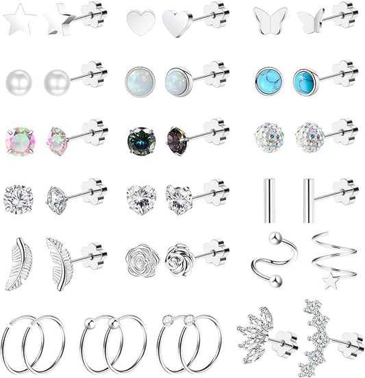 38pcs Silver Flat Back Stud Earrings for Women Hypoallergenic Surgical Steel Stud and hoops Earrings for Sensitive Ears Stacked Tiny Screw Backs Cartilage Tragus Earring Set for Multiple Piercing