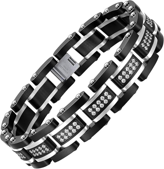 Holizaly Men's Stainless Steel Two Tone Square Link Bracelet, Black and Blue Ion Plated Black