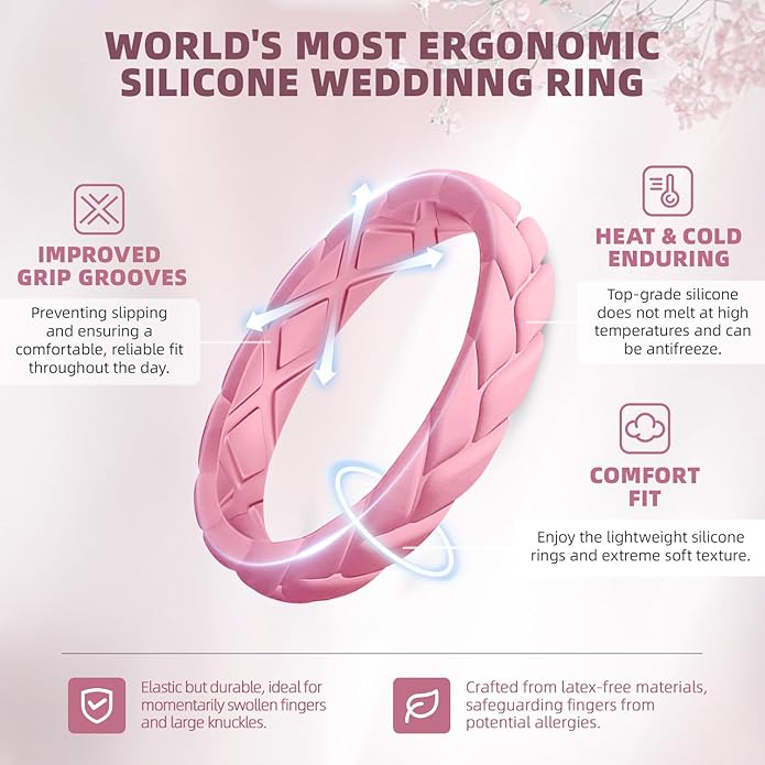 Egnaro Women's Silicone Stackable Rings 3.5mm Wide 2mm Thick, Rubber Flexible Hypoallergenic Wedding Bands For Workout Leaf Braided Fashion