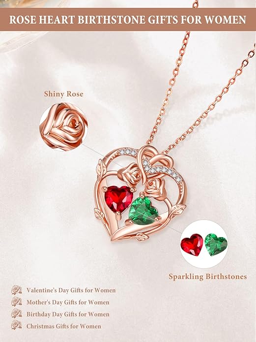 Rose Gold Necklaces for Women Double Birthstone Rose Flower Heart Pendant Necklace Jewelry Anniversary Christmas Valentine's Mother's Day Birthday Gift for Wife Mom Her Girlfriend Sister