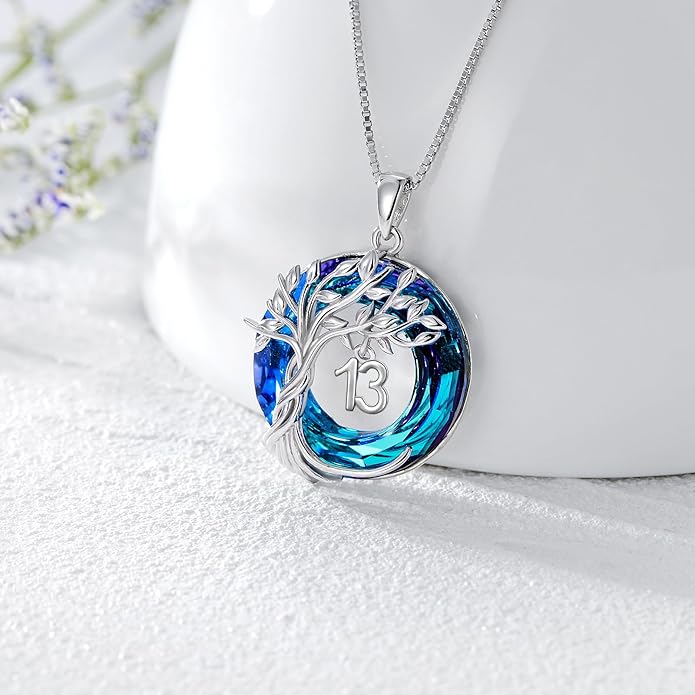 TOUPOP Birthday Gifts for Women 925 Sterling Silver Tree of Life Year Old Necklace Circle Crystal Jewelry Christmas Gifts for Her Wife Mom Mother Grandma Grandmother