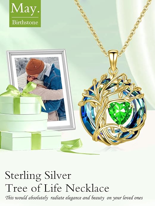 TOUPOP Christmas Gifts Tree of Life Birthstone Necklace 925 Sterling Silver Pendant Austrian Crystal Jewelry Anniversary Birthday Gifts for Women Mom Her Wife