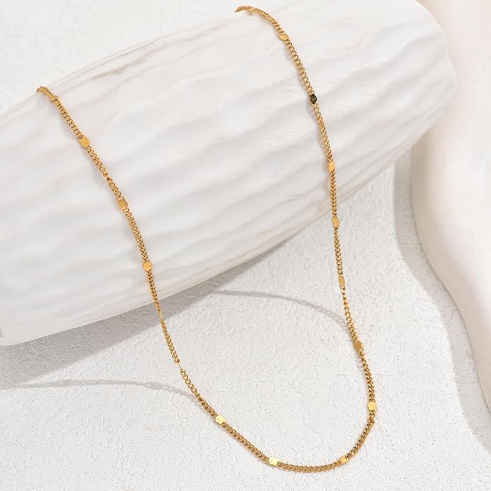Dainty Chain Necklace for Women, 18K Gold Plated Coin Disc Choker Necklaces Simple Satellite Beaded Twisted Thin Paper Clip Chain Everyday Jewelry Gifts