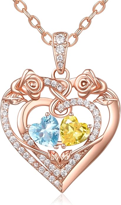 JIYVY32 Rose Heart Necklace for Women Exquisite 925 Sterling Silver Anniversary Birthday Gifts for Wife Mom Her Double Birthstone Pendant Jewelry