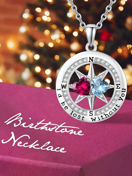 Compass Birthstones Necklace for Women, Exquisite Anniversary Birthday Gifts for Wife Her Double Birthstone Pendant jewelry ‘I'd be Lost Without You’
