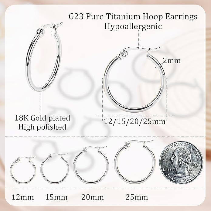 4 Pairs Titanium Hoop Earrings for Sensitive Ears Hypoallergenic Pure Titanium Earrings for Women Men G23 Lightweight Small Huggie Hoop Earrings Set 12MM 15MM 20MM 25MM