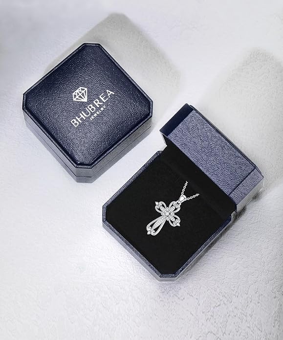 1/66 Carat Diamond Vintage Cross Necklace for Women 925 Sterling Silver 18K White Gold Plated Religious Faith Pendant Fine Jewelry