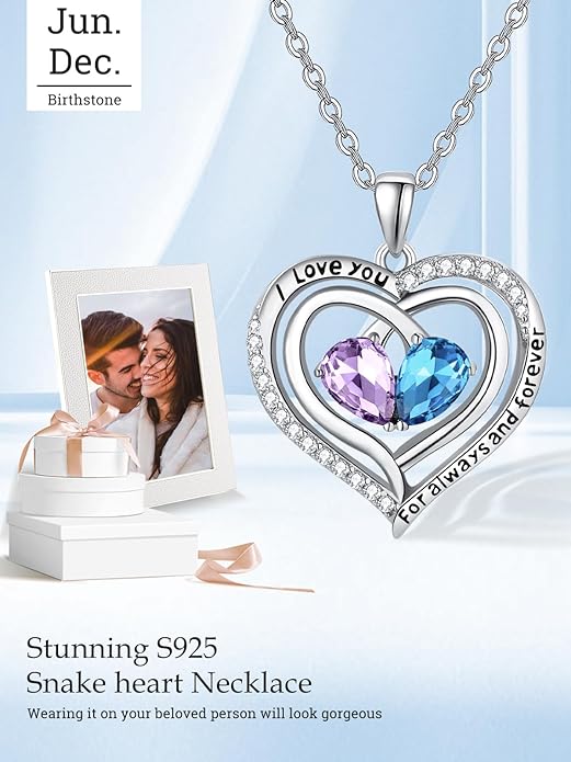 Zeuslia Double Birthstone Necklace Gifts for Wife - 925 Sterling Silver Sunflower/Rose/Crown Cross/Compass/Heart Pendant I Love You Necklace, Anniversary Birthday Gifts for Wife Girlfriend Mom Her