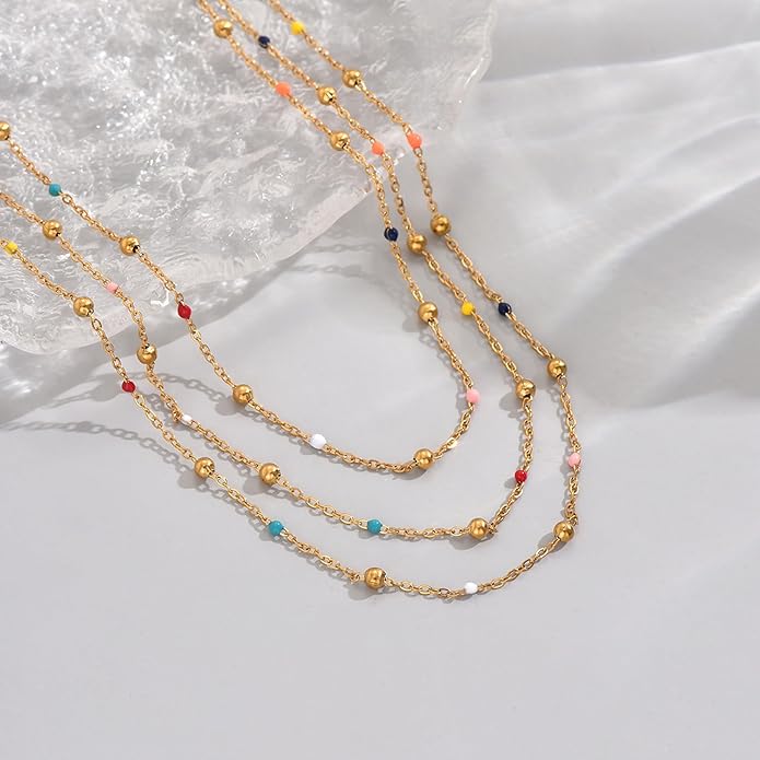 Gold Chain Necklace for Women Dainty 18K Gold Plated Thin Satellite Beaded Turquoise Necklace Simple Gold Boho Jewelry