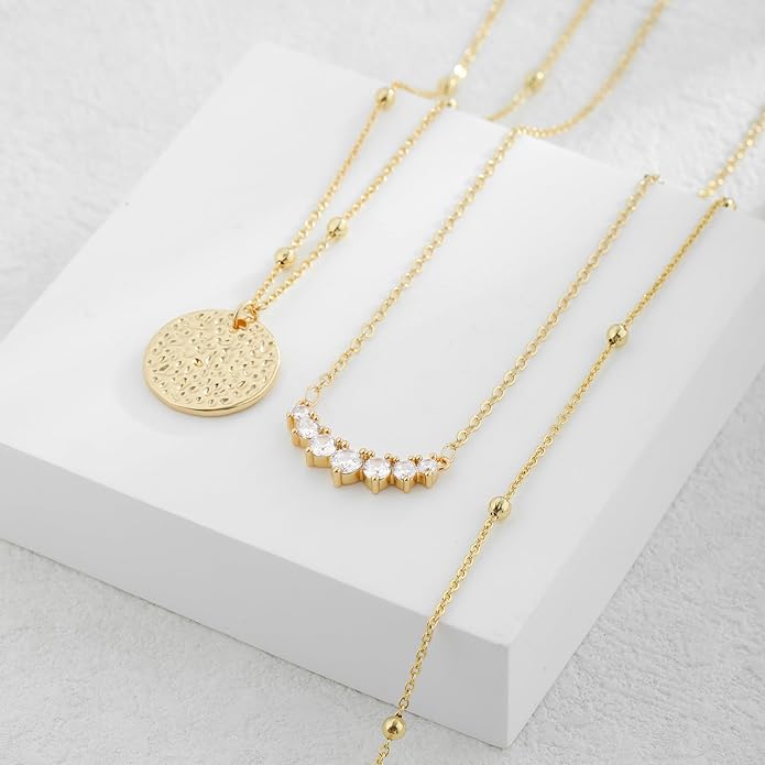 ASCOMY Gold Necklace for Women 14K Gold/Silver Plated Layered Necklaces Stackable Layering Cross Necklace Stacked Coin Pendant Pearl Herringbone Chain Stacking Gold Choker Trendy Jewelry Gift for Her