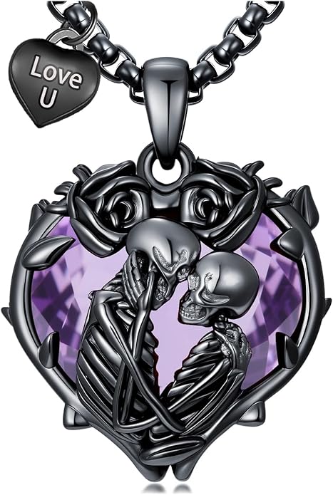 Flpruy 925 Sterling Silver Black Gothic Jewelry Gifts Skeleton Couple Pendant Crystal Birthstone Heart Necklace Punk Romantic Jewelry for Lover Men Women