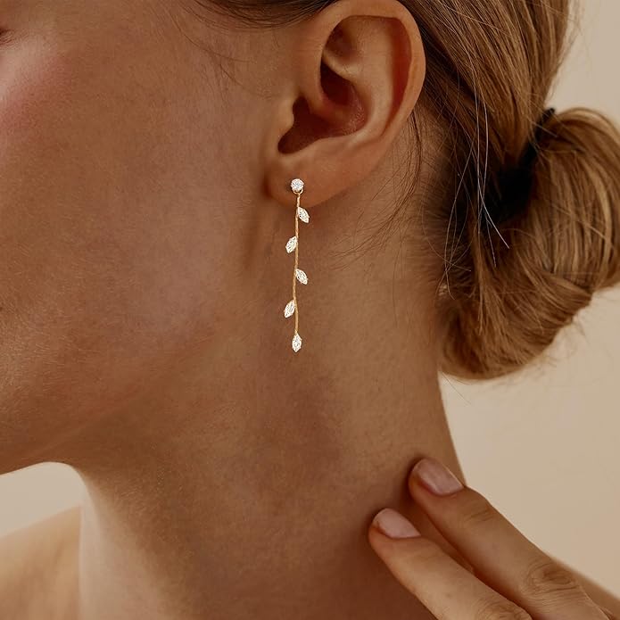 Gold Earrings for Women,Dainty 14k Gold Plated Pearl Drop Earring Dangle Pearl Dangling Earrings for Women Trendy Small Cute Wedding CZ Earring Long Chain Threader Prom Jewelry Gifts