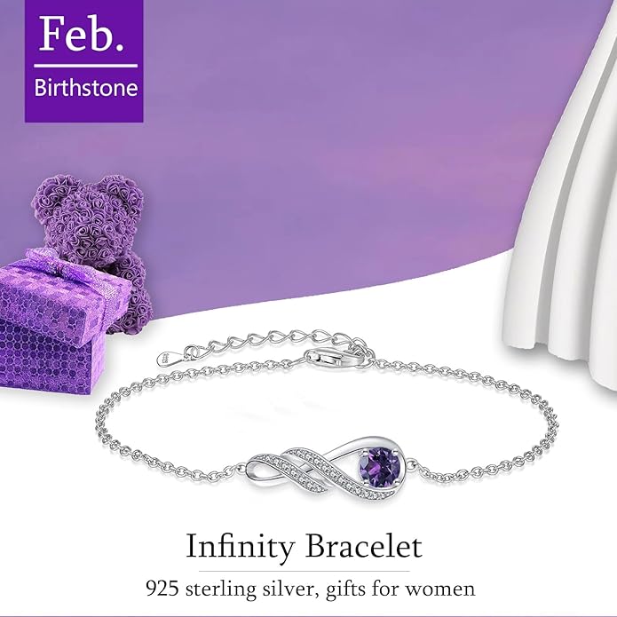 Birthstone Bracelets for Women 925 Sterling Silver Created Gemstone Bracelet Infinity Pendant Jewelry for Her, 6.7"+1.2"
