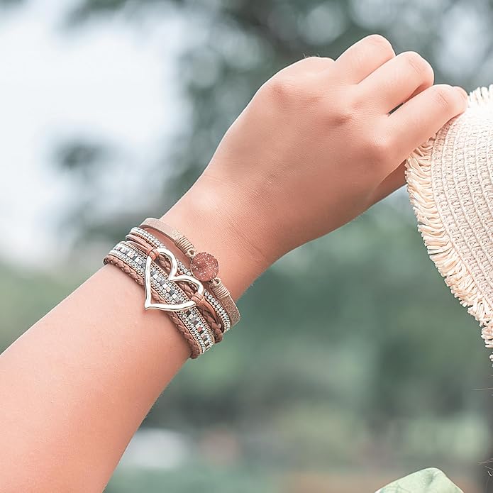 FANCY SHINY Heart Leather Wrap Bracelets Stackable Boho Cuff Bangles Trendy Resin Stone Rhinestone Bracelets with Magnetic Clasp for Women
