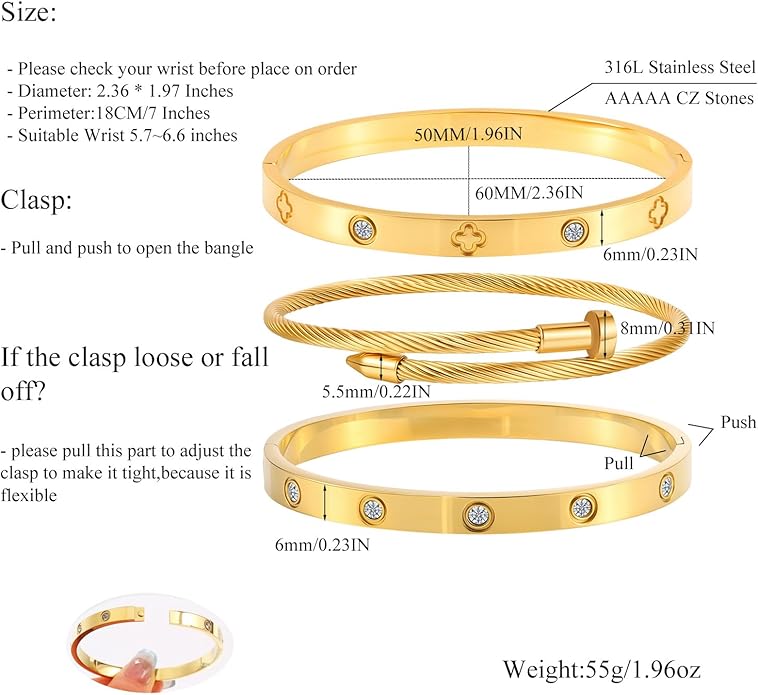 Gold Bracelets for Women - Stackable Bangles with Friendship & Love Theme - Stainless Steel Jewelry Gift for Her