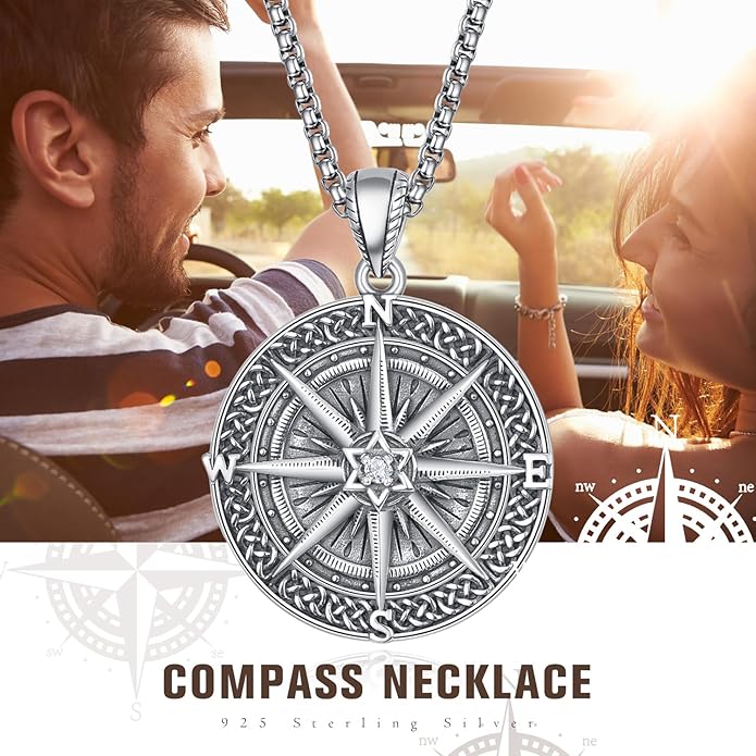 KINGWHYTE Compass Necklace for Men 925 Sterling Silver Birthday Gifts Graduation Travel Jewelry for Husband Brother with Stainless Steel Chain