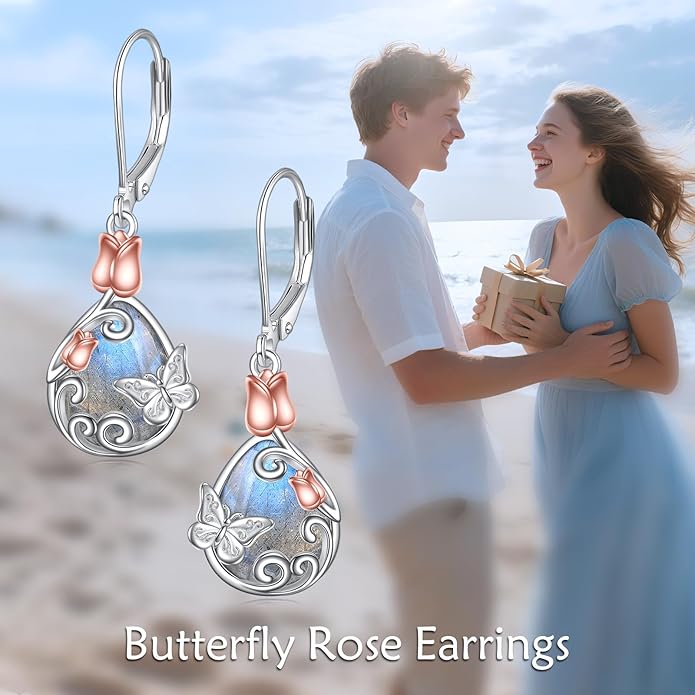 AOBOCO Butterfly/Dragonfly/Bee/Ladybug Leverback Earrings 925 Sterling Silver Rose Lotus Tulip Flower Filigree Dangle Earrings Teardrop Moonstone Larimar Turquoise Abalone Shell Jewelry Birthday Gifts for Women