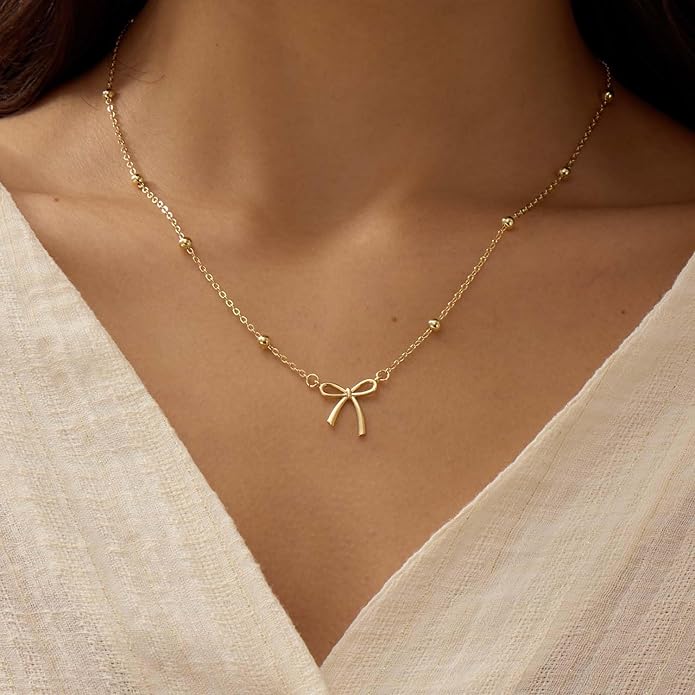 Gold Necklace for Women Dainty Bow Necklace 14K Gold Plated Cute Choker Necklace Small Bow Pendant Charm Necklaces Teen Gift Trendy Stuff Personalized Jewelry Gifts